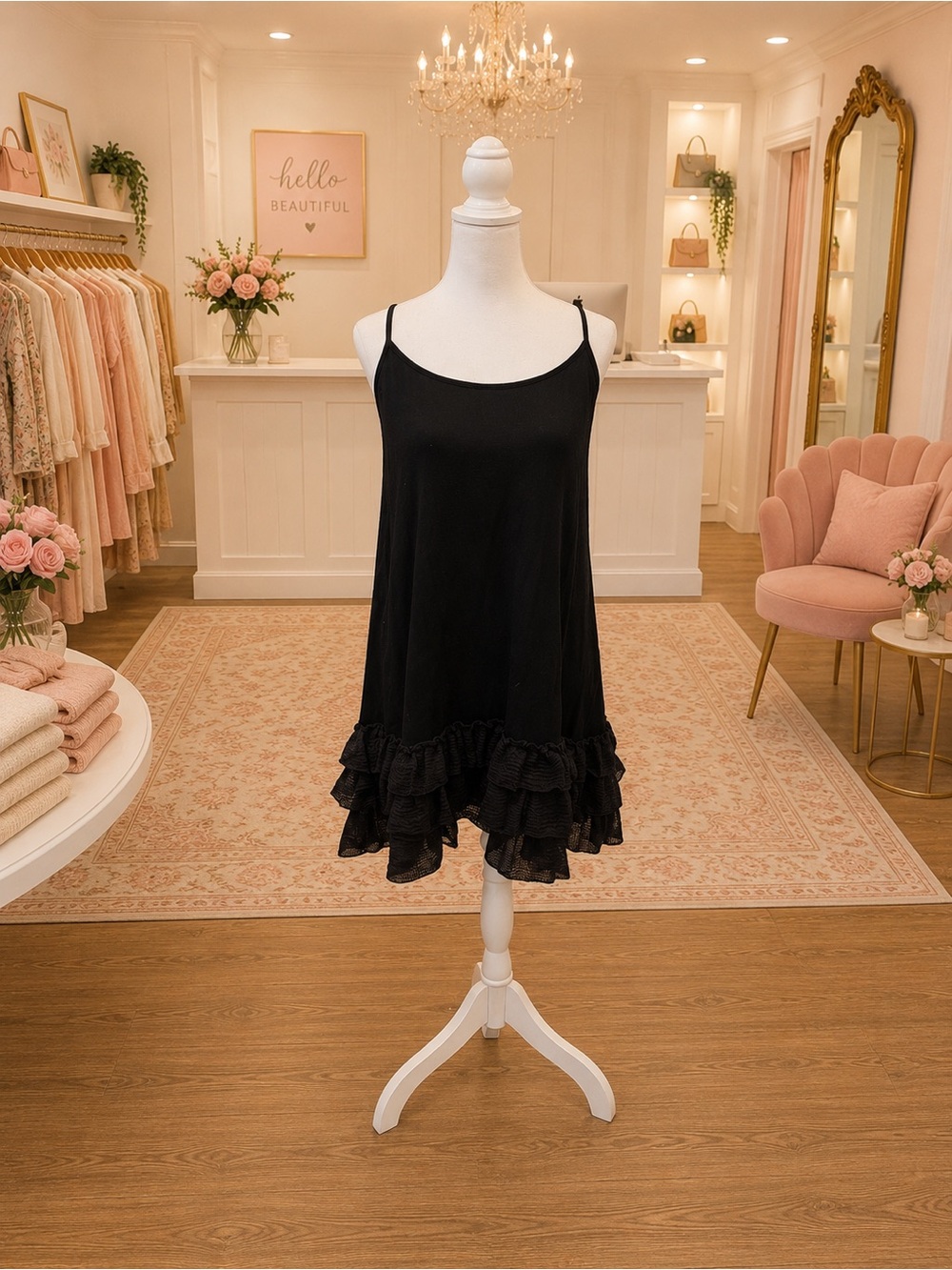 Black Ruffle Hem Mini Dress Size Large Cross Back Adjustable Straps